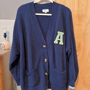 Aerie Deep Blue Cardigan with Letter Patch